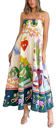 Qianderer Women Cute Print Maxi Cami Dress Loose Sleeveless Spaghetti Strap Boho Dress Flowy Graffiti Beach Long Aline Sun Dress (Heart, S)