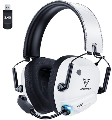 Vakedy Cascos Gaming Inalámbricos para PC, PS4, PS5, Mac, Switch, Cascos 2.4GHz USB con Micrófono, Bluetooth Auriculares Gaming Controladores de 50mm, 50H Batería, Baja Latencia, Ligeros - Blanco