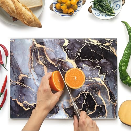 Kitchenville Glass Cutting Board 16x12: Tempered Glass Kitchen Counter Protector - Durable- Scratch-Resistant, Heat-Proof - Design 8 - Grey & Gold
