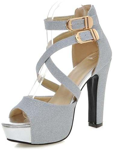 Gicoiz Bride Peep Toe Boda Shiny Tacón Alto Sandalias Hebilla Strappy Mujer Moda Plataforma Gladiator Zapatos de Fiesta Plateado Talla 36.5 EU-37Cn