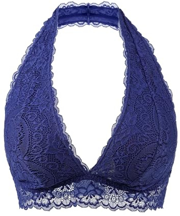Cotorance Womens Lace Bra Wireless No Pads Skimpy V Neck Halterneck Bralettes Navy Blue 32D 34A 34B 34C