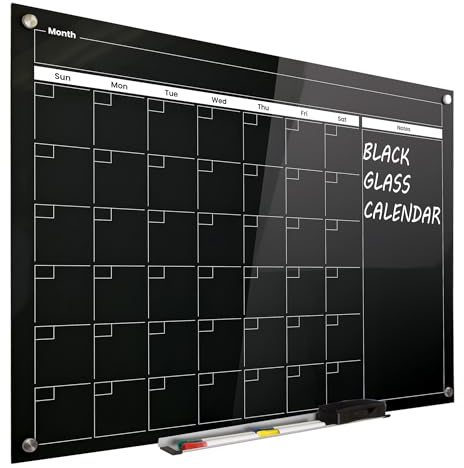 Real Glass Dry Erase Monthly Calendar, Giant Size 34 x 46, Tempered Glass Surface, Frameless Wall Mount, with 4 Assorted Color Markers and Eraser, by Better Office Products (Jet Black)