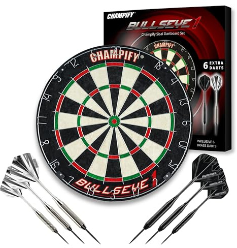 Champify® Dartscheibe Steeldart inkl. 6 Darts – Turniergröße Ø 45 cm – Hochwertiges Sisal Dartboard Set mit 6 Brass Darts & Montagekit – Steeldartscheibe für Anfänger & Fortgeschrittene – Indoor