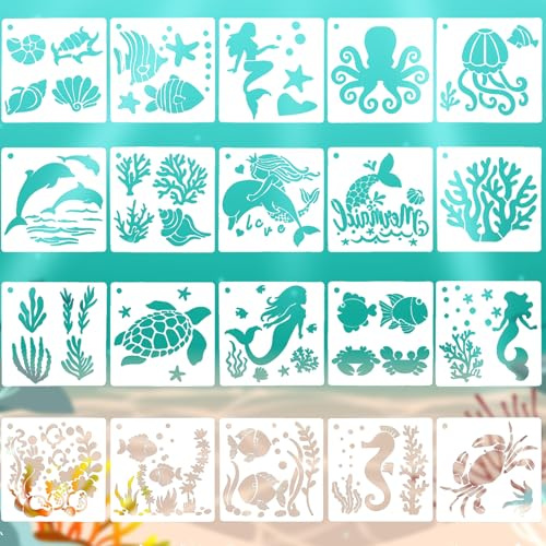 20 PCS Ocean Stencil, 5 X 5 Inch Sea Stencils Reusable Ocean Templates Airbrush Stencils for Crafts Face Painting Embroidery Walls Wood Canvas Drawing Scrap Booking