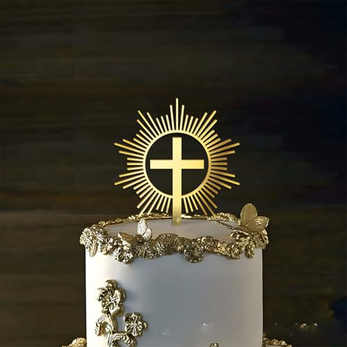 Gold Cross Cake Topper with Round Sunburst Design, Acrylic Religious Cake Decoration for Baptism, Christening, Baby Shower