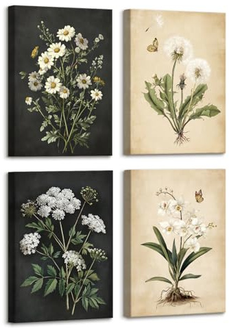4Pcs Wooden Framed Canvas Wall Art Set Vintage Botanical Rustic Floral Picture Print Painting on Canvas Prints Poster Orchid Dandelion Pictures for Living Room Bedroom Farmhouse Wall Decor 30x40 cm x4