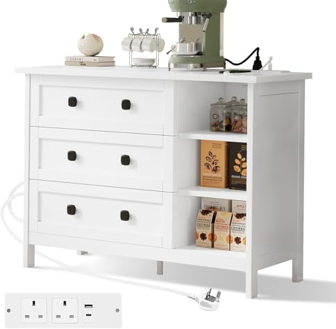 Feonase White Chest of Drawers Bedroom with Charging Station, 3 Drawer Chest of Drawers with Open Storage Unit, Modern Wooden MDF Bedroom Cabinet Furniture, 90x68x36cm