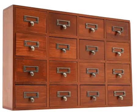 16-Drawer Apothecary Cabinet, Wooden Tabletop Storage Organizer - Vintage Library Card Catalog Cabinet with Label Holders & Handles for Home Office, Crafts & Herb Storage, Brown