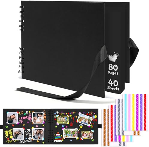 Självhäftande fotoalbum för scrapbook, A4-fotobok 80 svarta sidor | Robust hårt omslag av hård kartong, stort minnesset på 29 x 21,5 cm, innehåller 108 par självhäftande hörn, 230 g/m² papper