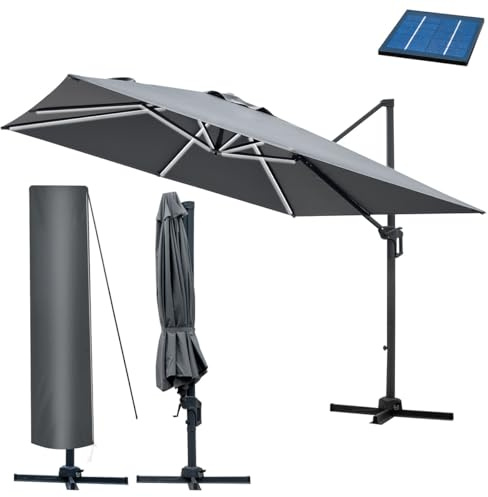 BRAST Alu Sonnenschirm Ampelschirm | 3x3m rechteckig | 4 Modelle | wahlweise mit LEDs | inkl. Schützhülle | UV-Schutz 50+ | wetterfest rostfrei 360° | drehbar & höhenverstellbar | Grau + LEDs