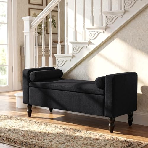 Hellove Banc de Bout de Lit Coffre de Rangement 116cm, Banc Rembourré en Tissu Chenille Doux avec Coussins, Meuble de Rangement Chaussures pour Entrée, Salon, Chambre, Noir