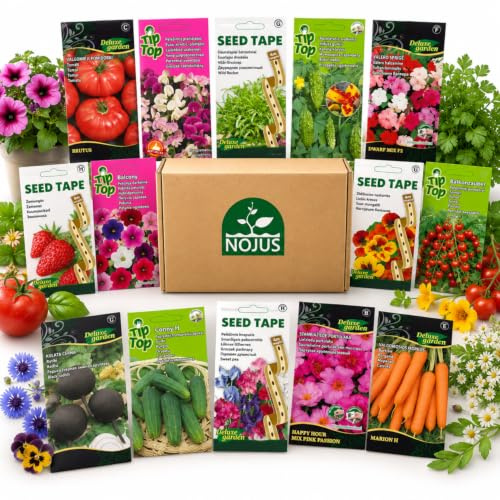 Nojus Set de semillas de jardín Value - 40 variedades - Mezcla de semillas variadas de flores, hierbas y verduras - 40 paquetes - Semillas de jardín - Caja de semillas de verduras 40 variedades