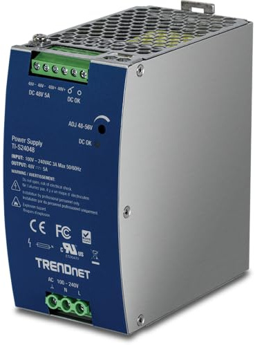 TRENDnet 240W Single Output Industrial DIN-Rail Power Supply, Extreme Operating Temp Range -25 to 70 °C(-13 to 158 °F) Built-in Active PFC, Passive Cooling, DIN-Rail Mount, Silver, TI-S24048
