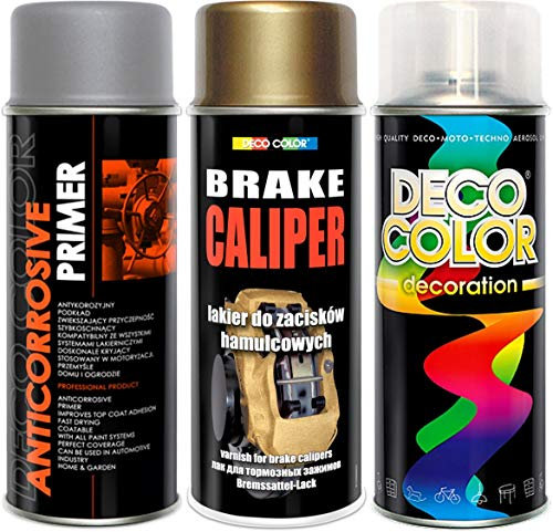 Deco Color Brake Caliper Deluxe 3 Items KIT Drum Primer Paint Protective Clear Coat Spray Gloss Moto Sport CAR Tuning Vehicle (Gold Deluxe kit)