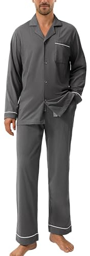 DAVID ARCHY Pigiama da Uomo in Cotone Pigiama da Notte Camicia a Maniche Lunghe e Pantaloni Lounge con Tasche con Bottoni, Morbido e Confortevole