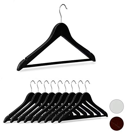 Relaxdays Kleiderbügel Holz, 10er Set, Kerben, Hosensteg, Garderobenbügel, 360° drehbarer Haken, 44,5 cm breit, schwarz