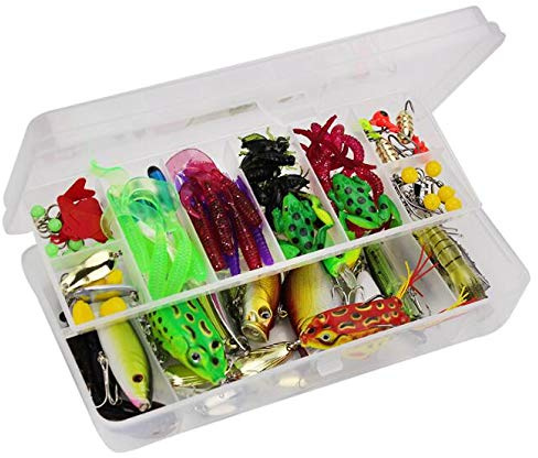 Voanzo-set med 141 st fiskeredskap inkluderar mjuka grodbeten, penna, metallskedar, bärbart roligt set av fiskebetekit, för olika fiskar i floderna, poolen, dammsjöar och havet