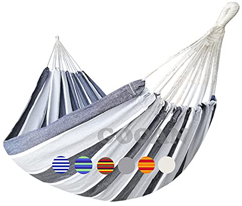GOCAN Amaca da Giardino Doppia Hammock in Cotone 220x150 cm Lunghezza totale 330 cm Carico 300 kg Amaca Sospesa per Giardino Interni ed Esterni Escursionismo,Riga grigia,XXL