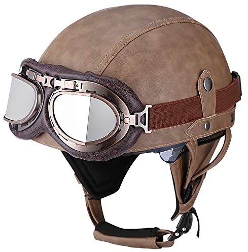 BDTOT Retro Motorrad Halbhelme Leder Halbhelm Deutscher Stil Roller Cruiser Chopper Anti-Collision Helm Abnehmbarer Gehörschutz mit Visier ECE Zertifiziert Roller-Helm Scooter Mofa-Helm