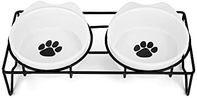 PETTOM Ceramic Raised Cat Bowl, Cat Food Water Bowls with Stand Double Cat Bowls Elevated Anti Vomiting Cute Set of 2 Cat Kitten Food Bowls, 350ml x 2