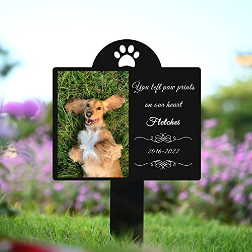 WOODme Personalized Pet Memorial Grave Stake Acrylic Dog Memorial Cross Stake Outdoor Garden Grave Stake for Loss of Dog Memorial Plaque Pet Sympathy Gift (You Left paw Prints on Our Heart)