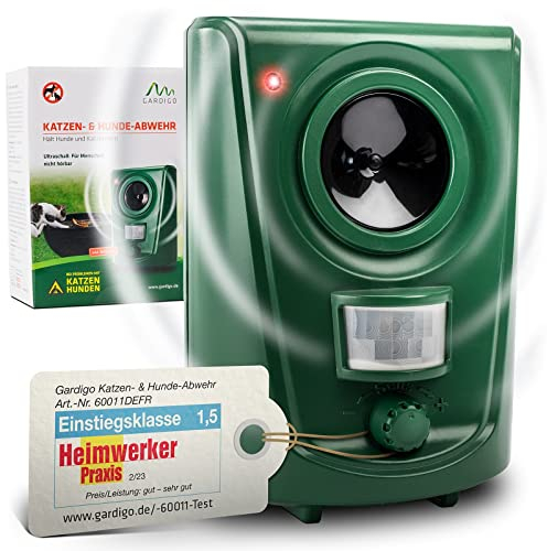 GARDIGO® Hunde- und Katzenabwehr | Hundeschreck und Katzenschreck für den Garten | Ultraschall Tiervertreiber 20-60 kHz | 120° Erfassungswinkel, 12m Reichweite | Gegen Hunde und gegen Katzen