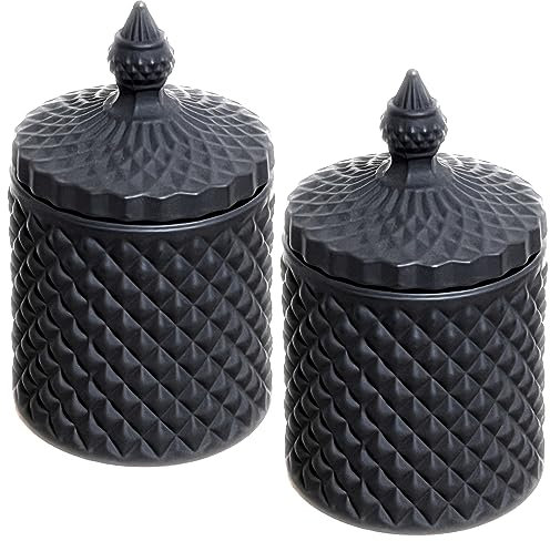 H HERAFE Qtip Holder Dispenser Apothecary Glass Jar - Bathroom Storage Canister for Cotton Ball, Pad, Hair Tie, Bath Salts, Floss - Vanity Organizer (Black+Black, Small)