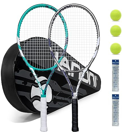 Tennis Rackets for Adults, Pre-Strung 27 Inch Tennis Racquets, Lightweight Tennis Racket Set-2 Player Tennis Racket Set with 3 Balls,2 Grips, 2 Vibration Dampers- Grey and Green