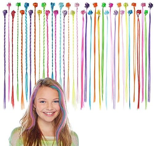 Aomig Estensioni Capelli Bambina, 36Pz Extension Capelli Colorati, Treccia Finta Capelli con Fermagli per Capelli per Bomboniere per Extension Capelli,Feste di Compleanno,Accessori per Capelli, 32cm