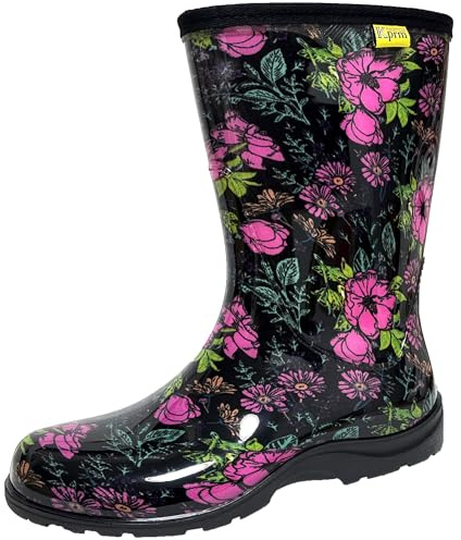 Kprm Women's Rain Boots Waterproof Mid Calf Rubber Garden Boots for Women Outdoor Mud Work with Comfort Insole (Midsummer Black, 8)