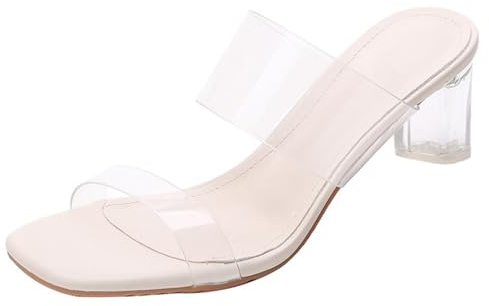 Minetom Sandalen Damen Transparent Offene Sandaletten Elegant Bequem Pantoletten Hausschuhe Peep Toe Schuhe Sommersandalen mit Blockabsatz C Beige 5cm 39 EU