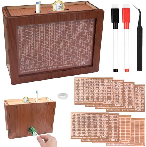 10000€ Salvadanaio in legno, Riutilizzabile Salvadanaio Retrò Salvadanaio Contenitore Compreso 10000 5000 3000 2000 1000 500 Euro (edizione 2.0)