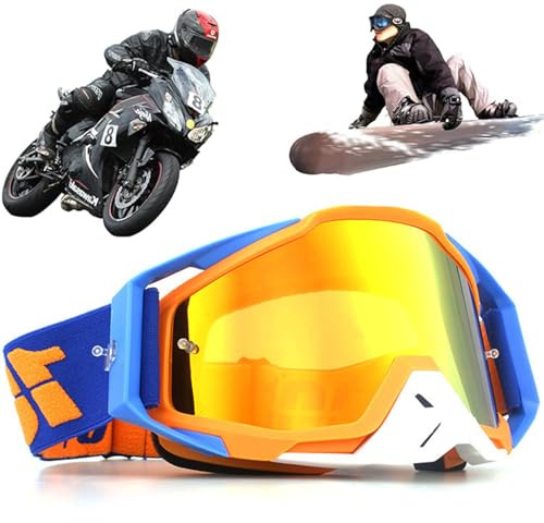 Motocross Brille, Winddichte Staubdichte Motocross-Brille, SkiBrille, Dirt Bike Crossbrille, Anti Fog UV Skibrille, Off Road Racing Fahrbrille, für Radfahren, Langlaufrennen, ATV, UTV, Blau/Orange