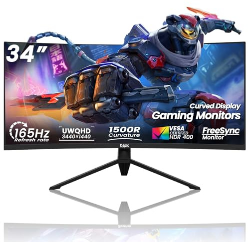 DJiEX 34 Inch Curved Gaming Monitor,21:9 WQHD 3440x1440 165Hz Curved 1500R - Ultrawide Computer Monitor PIP/PBP,1ms(MPRT) 127% sRGB,HDMI & DP,Tilt Adjustable,Panoramic for Office & Immersive Gaming