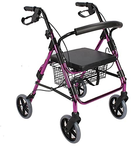 Con il deambulatore Seat Rollator, Rollator pieghevole, ausilio for la deambulazione, altezza regolabile 150-185 cm, capacità 100 kg, con cestino portaoggetti, freni, ruote da 4 pollici, viola