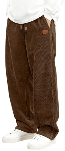 LVCBL Pantaloni Uomo in Velluto a Coste Largo Taglio Dritto Modello con Vita Elasticizzata e Cordino Marrone XL