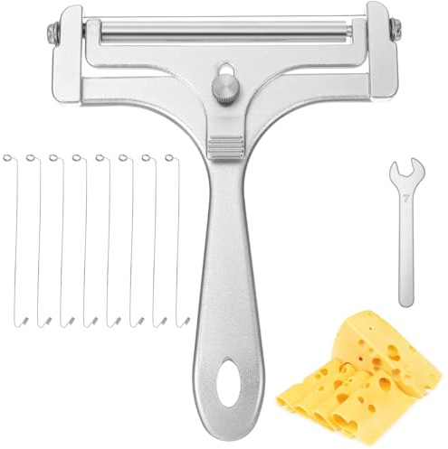 SHENLIU Draht Käseschneider, Käsehobel Set mit 8 Ersatzdraht Schnell Austauschbar Draht Verstellbarer Käseschneider aus Edelstahl für Blockkäse (Silber)