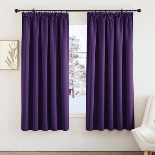 PONY DANCE Blackout Pencil Pleat Curtains, Purple, W66 x L72 Inch, 2 Panels | Thermal Insulated Curtains with Noise Reducing & Privacy, Luxury Soft Window Treatment for Bedroom & Living Room