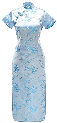 7Fairy Sexy Women's Light Blue Floral Long Chinese Dress Cheongsam Size 2 US