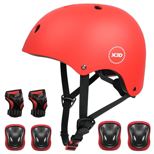 XJD Casco de Ciclismo para Niños y Protecciónes Infantiles Incluye Rodilleras, Coderas y Muñequeras con Certificación CE,Adjustables 7 Piezas para Patínes Patinete Ciclismo Niños de 3 a 8 Años(Rojo S)