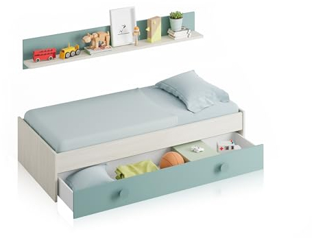 Habitdesign Cama Nido Juvenil, 2 Camas + Estante, Color Blanco Alpes y Verde Acqua, Medidas: 200 cm (Largo) x 98 cm (Ancho) x 43 cm (Alto)