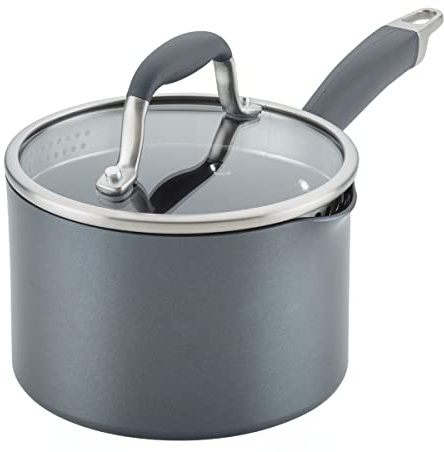 Anolon Advanced Home Hard Anodized Nonstick Sauce Pan/Saucepan with Straining and Lid, 2 Quart (2 Qt Straining Saucepan, Moonstone)