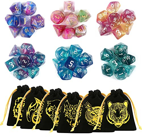 GWHOLE Dés Polyédriques 42 Pcs Set de Donjons et Dragons 6 Motifs 6 Faces pour Jeux de Rôle avec 6 Sacs en Flanelle