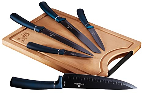 Berlinger Haus Aquamarine Juego 5 Cuchillos Cocina Profesional Tabla Cortar Bambú, Hoja Acero Inoxidable Recubrimiento Antiadherente, Cocinero, Cebollero, Pan, Rebanador, Pelar, Diseño Metallic Line