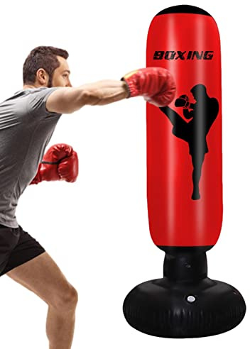 170 cm uppblåsbar sandsäck, fristående sandsäck, uppblåsbar fitnessboxningssäck, tung PVC-träningsväska med golv, stående boxningssäck med sand, lämplig för hemövningar och stressminskning