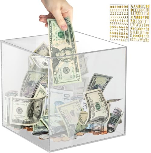 Piggy Bank for Adults Must Break to Open, Vcertcpl Acrylic Clear Piggy Bank Money Saving Box for Cash Saving, Unopenable Adults Large Bank for Real Money Bank Coin Bank Change Jar (Clear, 15x15CM)