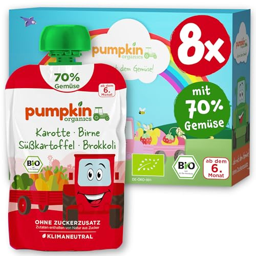 Pumpkin Organics Bio Gemüse-Quetschies 8er Pack Karotte, Birne, Süßkartoffel, Brokkoli ohne Zuckerzusatz¹ - ab dem 6. Monat - als Snack oder Beikost für unterwegs - glutenfrei (8x100g)
