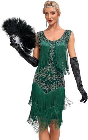 ArtiDeco 1920-talsklänning med fransar, pärlor och paljetter, ”flapper”, det vilda 20-talet, finklänning, Gatsby-utklädnad, vintagestil, aftonklänning, S