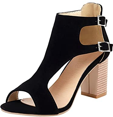 koperras einfarbig hohl Fischmaul Schnalle dicke High Heel römische Sandalen Krankenpflege Schuhe Damen (Black, 41)