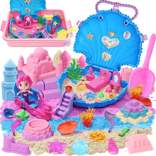 Spielsand Meerjungfrau Spielzeug Sand mit 900g Magic Sand Knetsand Sandformen Sandkasten Muschel Edelsteine Unterwasserwelt Sandspielzeug Sensorisch Zaubersand Geschenke Mädchen Kinder 4 5 6 7+